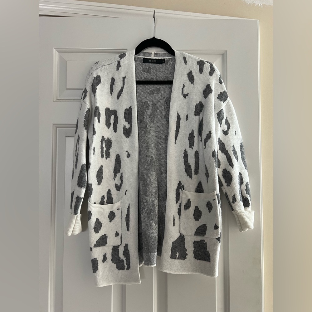 White and Grey Cheetah Print Cardigan  Sweater